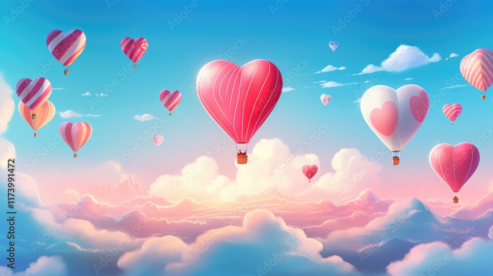 Many heart balloons in the blue sky. Many heart balloons in the blue sky.