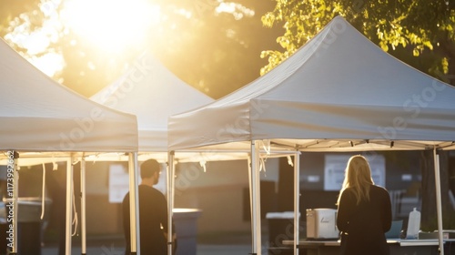 Bright Morning Scene at an Outdoor Market with White Tents and Two Individuals Preparing for a Busy Day Ahead Under a Golden Sunlight
