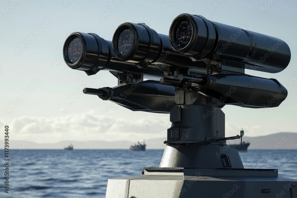 Modern surveillance equipment on a vessel monitors the surrounding waters during daylight hours Modern surveillance equipment on a vessel monitors the surrounding waters during daylight hours