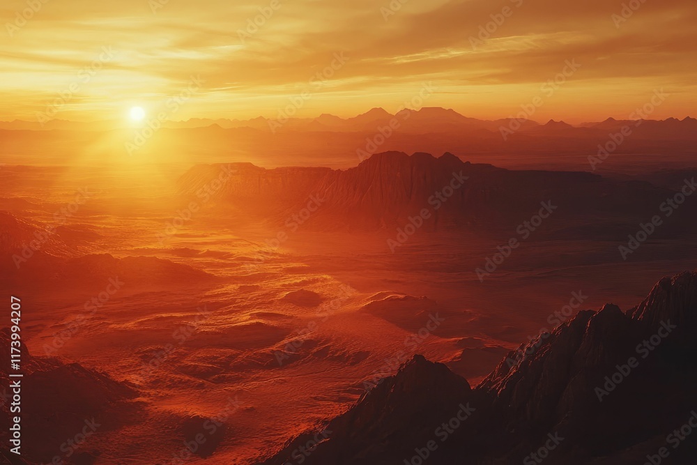 Naklejka premium Sunset illuminates rugged, red mountainscape.