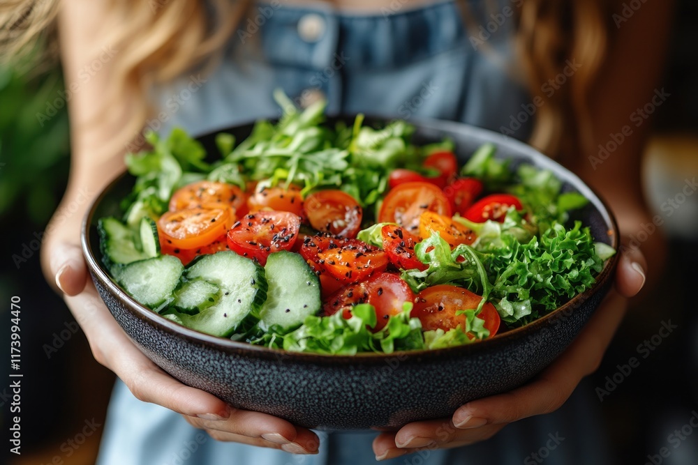 Close-up of Woman Holding Colorful Salad Bowl with Fresh Vegetables for Healthy Eating Concept Close-up of Woman Holding Colorful Salad Bowl with Fresh Vegetables for Healthy Eating Concept