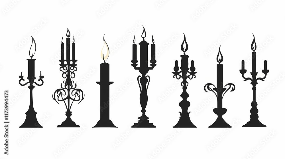 Silhouette of candle with flame on white background - candlelight and candelabrum objects adding brightness. Candescent. Illustration Silhouette of candle with flame on white background - candlelight and candelabrum objects adding brightness. Candescent. Illustration