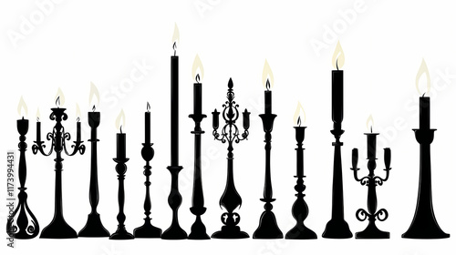 Silhouette of candle with flame on white background - candlelight and candelabrum objects adding brightness. Candescent. Illustration