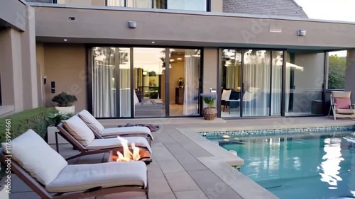 Modern smart home with a pool and a stylish outdoor patio for relaxation.