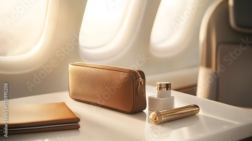 A luxury business-class amenity kit, complete with elegant travel essentials, rests on a pristine white surface bathed in soft morning light, promising comfort and style
