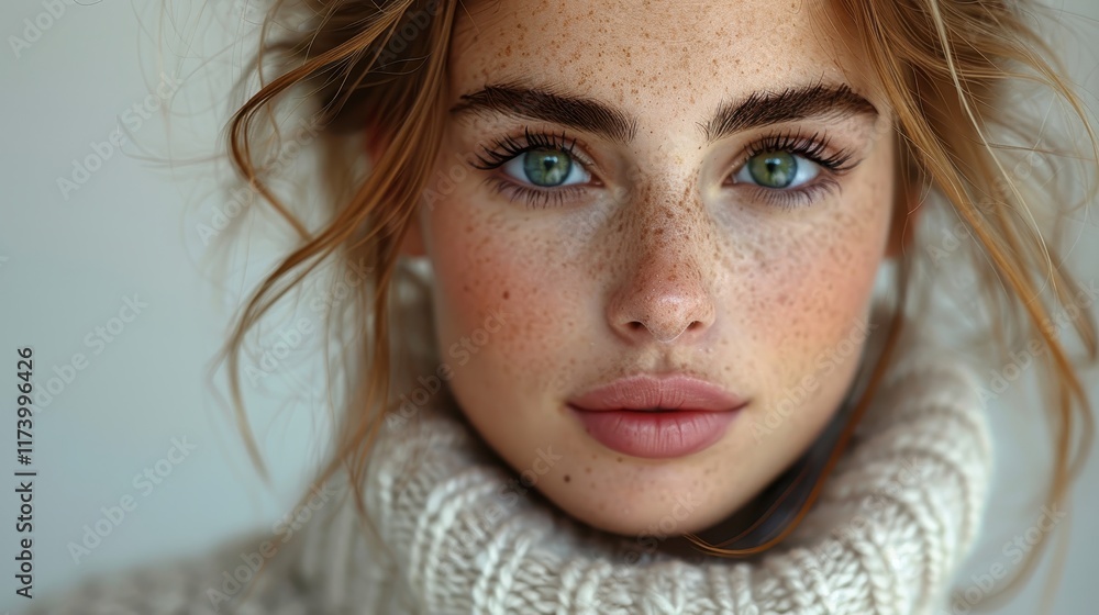 Close-up portrait of a young woman with freckles and green eyes. Close-up portrait of a young woman with freckles and green eyes.