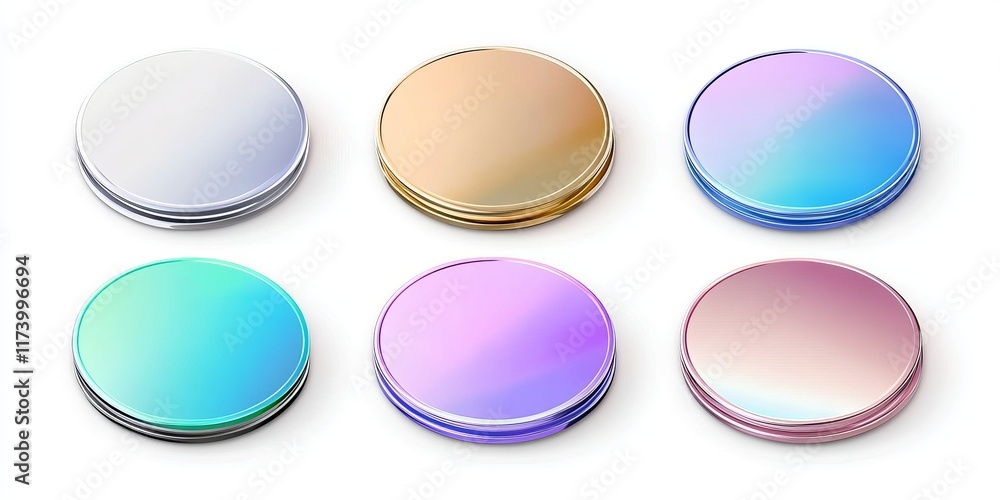 A set of blank holographic foil round sticker labels isolated on a white background A set of blank holographic foil round sticker labels isolated on a white background