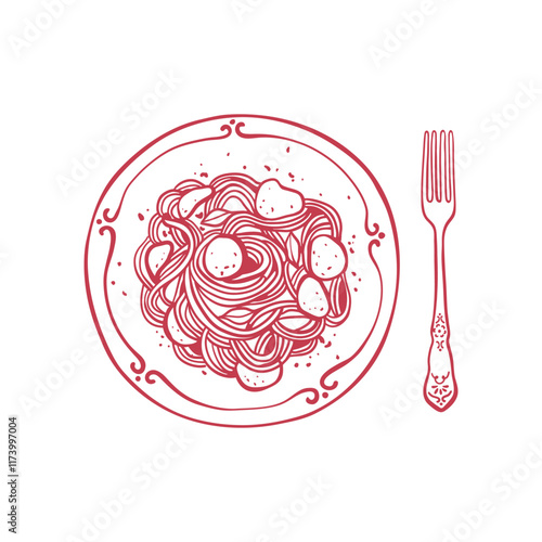 Hand drawn pasta with zucchini on a plate with fork. Italian cuisine illustration in sketch style
