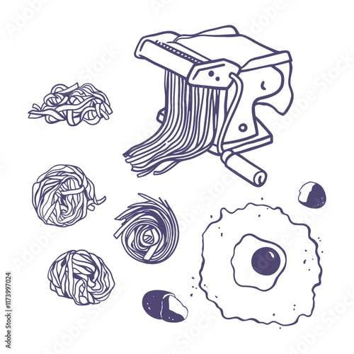 Pasta making machine hand drawn illustration. Set of kitchen device, fresh pasta and ingredients