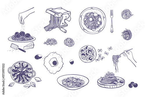 Set of different Italian pasta and pasta making machine. Hand drawn illustration of Italian cuisine elements