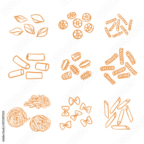 Hand drawn pasta variations set. Different types of Italian pasta