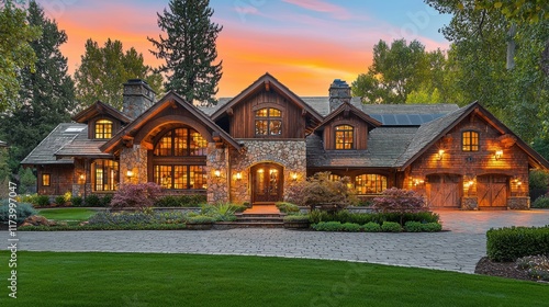 Luxury Mountain Home at Sunset: A Majestic Residence Nestled in Nature's Embrace