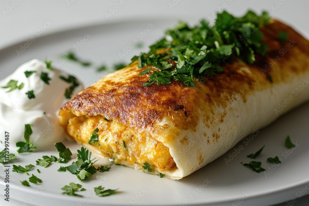 A golden-brown tortilla wrap filled with savory egg and cheese, garnished with fresh cilantro and served with sour cream. A golden-brown tortilla wrap filled with savory egg and cheese, garnished with fresh cilantro and served with sour cream.