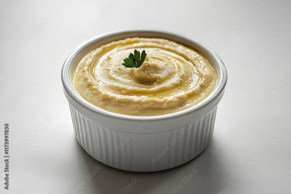 Smooth creamy hummus in a white ramekin, garnished with parsley and olive oil. Smooth creamy hummus in a white ramekin, garnished with parsley and olive oil.