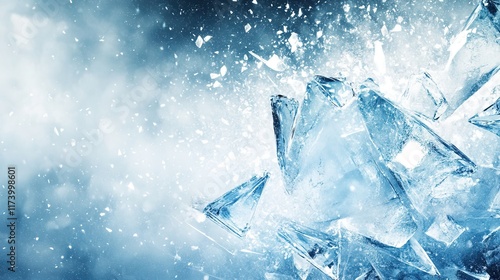 Exploding ice fragments on blue background with cold, snowy effect.