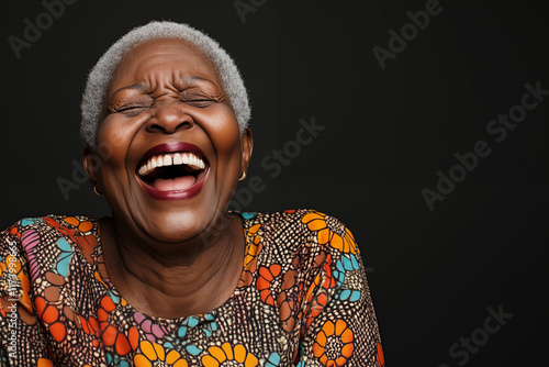 senior citizen Black woman laughing with her eyes closed on a blackbackground with space for text photo