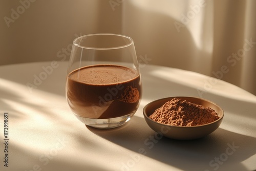 A glass of rich chocolate smoothie alongside a bowl of cocoa powder, bathed in sunlight. photo