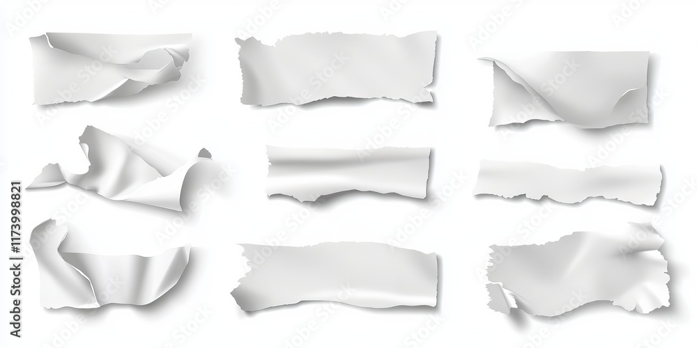 Strips of white adhesive or duct tape with crumpled textures Realistic 3D scotch patches and torn sticky paper strips featuring ripped edges and wrinkled masking bands for packaging Strips of white adhesive or duct tape with crumpled textures Realistic 3D scotch patches and torn sticky paper strips featuring ripped edges and wrinkled masking bands for packaging