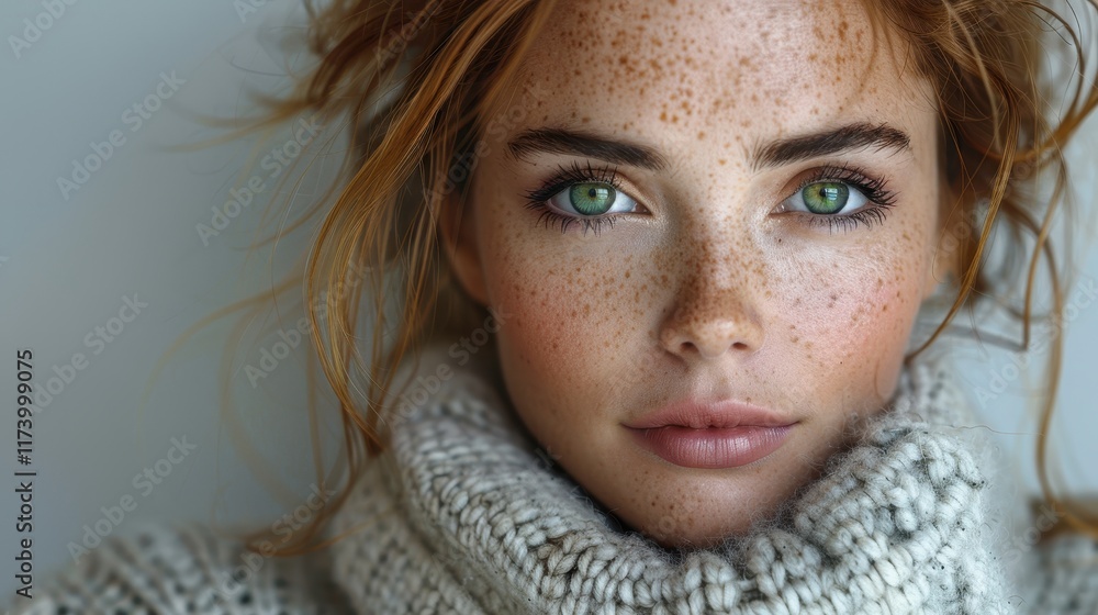 Close-up portrait of a woman with freckles and green eyes in a cozy sweater. Close-up portrait of a woman with freckles and green eyes in a cozy sweater.
