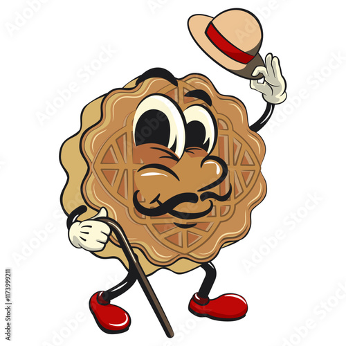 traditional chinese moon cake cartoon isolated vector illustration character mascot walk with a stick and saluting with raised hat, work of hand drawn