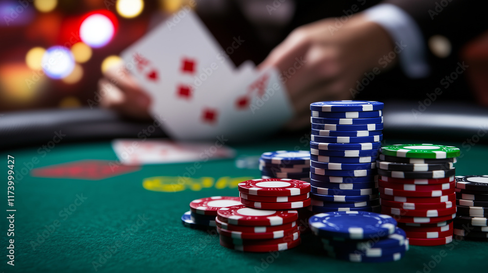 A close-up of poker chips in vibrant hues, stacked on a sleek gaming table, as a croupierâs blurred hands deal cards in the background. A close-up of poker chips in vibrant hues, stacked on a sleek gaming table, as a croupierâs blurred hands deal cards in the background.