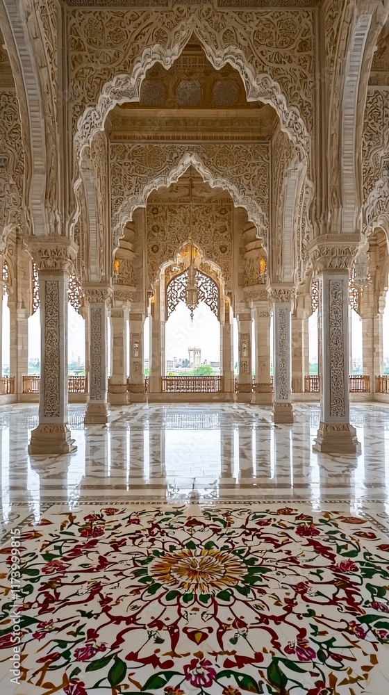 Obraz premium Ornate hall with marble floor, arches, and columns.
