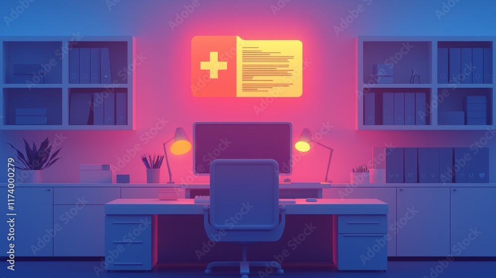 A modern, illuminated office space featuring a computer, desk, and vibrant wall display, suggesting a healthcare or medical context. A modern, illuminated office space featuring a computer, desk, and vibrant wall display, suggesting a healthcare or medical context.