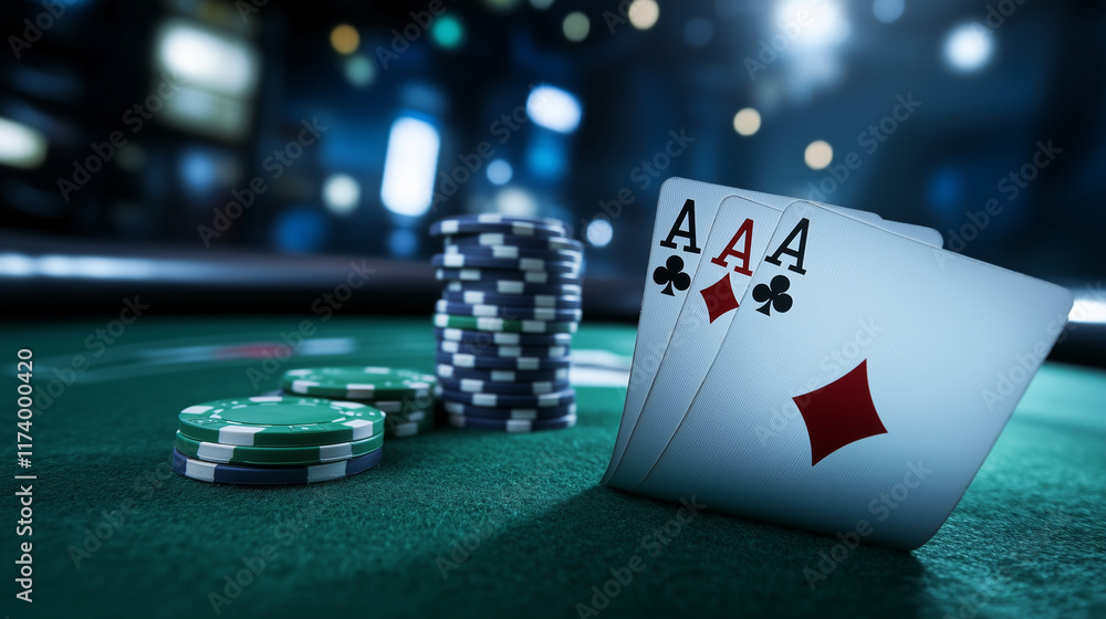 Obraz premium The dealer presents a crisp pair of aces, the green felt table and stacks of chips behind them fading into a soft blur.