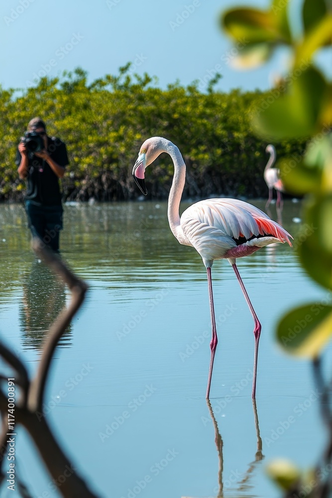 Fototapeta premium Pink flamingo wading, calm water, photographer.