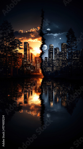 Wallpaper Mural Abstract image of day and night transition, with warm golden sunlight on one side and cool blue tones of night on the other, symbolizing the balance of opposites and the cycle of time
 Torontodigital.ca