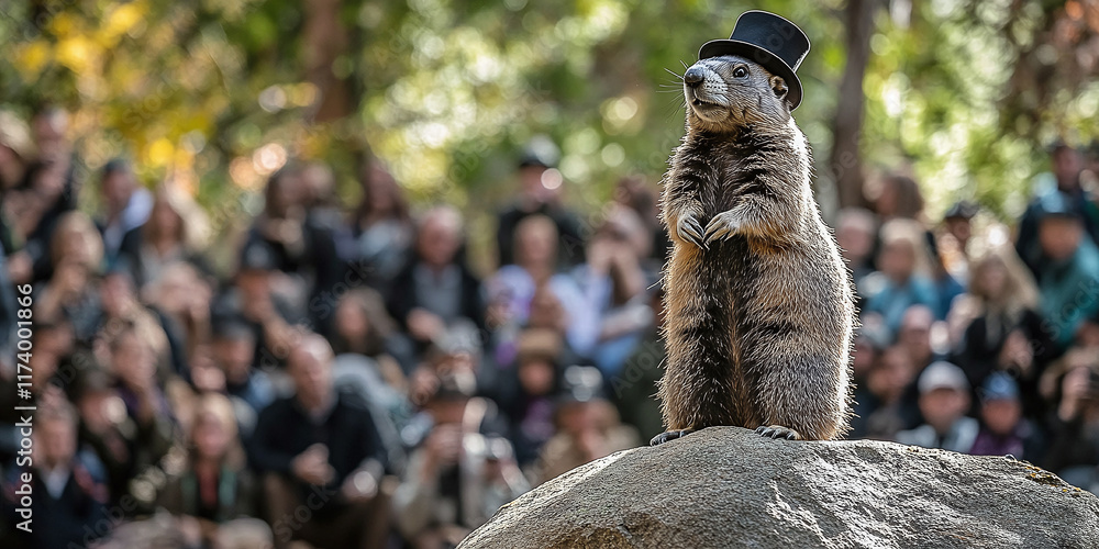 Obraz premium Top hat-wearing groundhog standing on a rock before an audience in a forest, symbolizing an entertaining wildlife event.