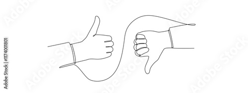 Thumb up and down in one continuous line. A symbol of good and evil. Positive and negative gesture in one-line style . Vector editable stroke