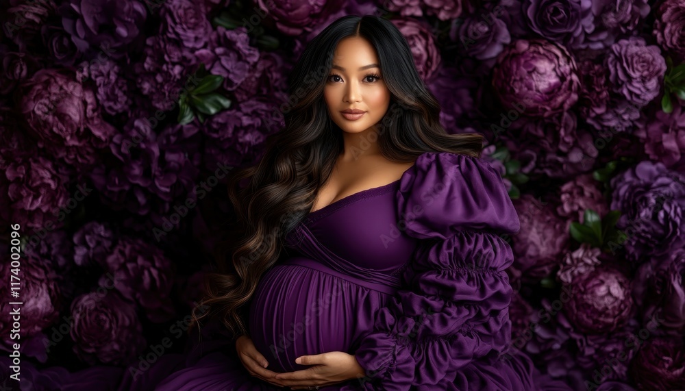 Capture the Serene Beauty of Expecting with this Elegant maternity portrait of an Asian pregnant woman, gracefully posed in a flowing gown This studio shot showcases a minimalist backdrop, drawing Capture the Serene Beauty of Expecting with this Elegant maternity portrait of an Asian pregnant woman, gracefully posed in a flowing gown This studio shot showcases a minimalist backdrop, drawing
