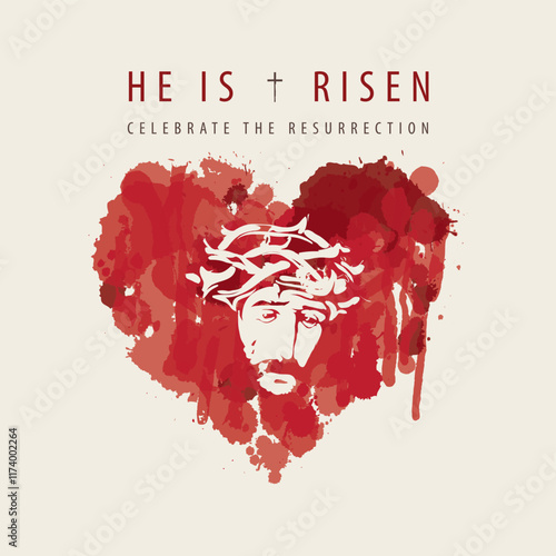 Easter banner or greeting card with portrait of crying Jesus Christ wearing crown of thorns against red heart of blood drops. Vector illustration on religious theme with Son of God