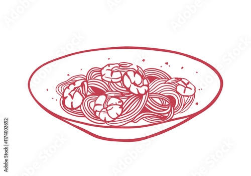 Hand drawn pasta with shrimps on a plate. Italian cuisine illustration in sketch style