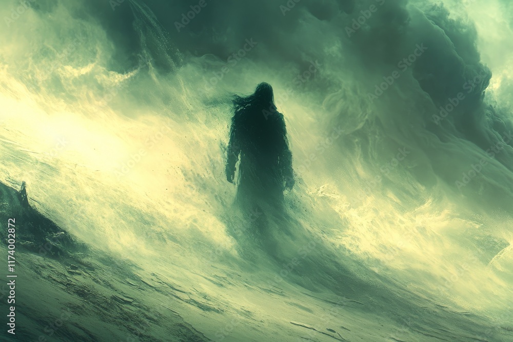 Mysterious figure emerges through turbulent waves during a stormy night on an isolated shoreline Mysterious figure emerges through turbulent waves during a stormy night on an isolated shoreline