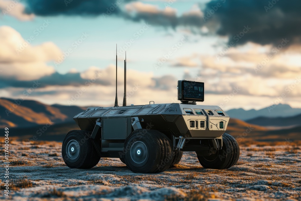 Innovative all-terrain rover exploring a rugged landscape under dramatic clouds Innovative all-terrain rover exploring a rugged landscape under dramatic clouds