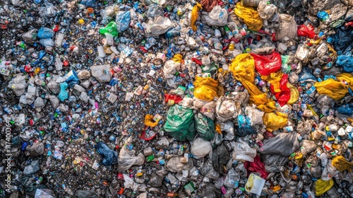 Aerial View of a Massive Pile of Waste and Garbage: A Colorful Chaos of Discarded Materials