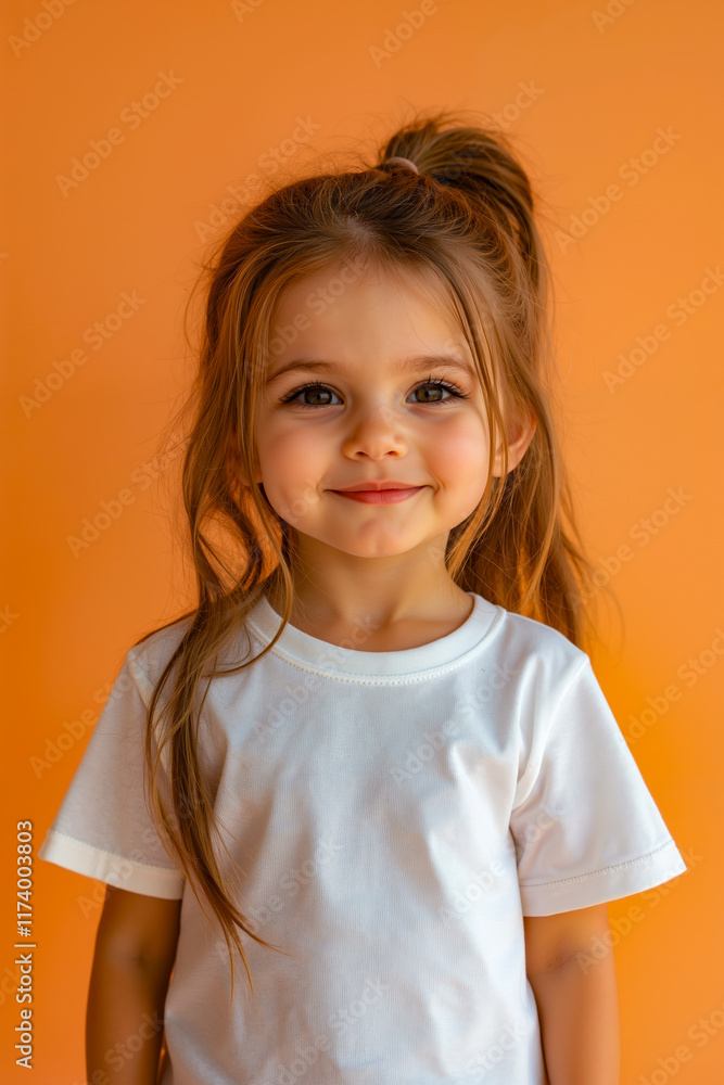 A little girl with long hair in a white shirt smiles at the camera A little girl with long hair in a white shirt smiles at the camera