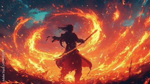 Wallpaper Mural Warrior Silhouette Glowing Staff Flames Twilight Sky Comic Style Torontodigital.ca