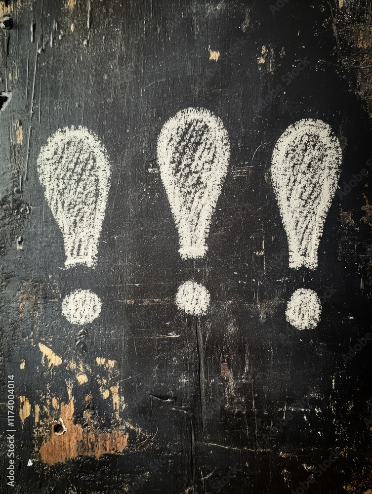 Obraz premium Chalk-drawn exclamation marks on a blackboard.