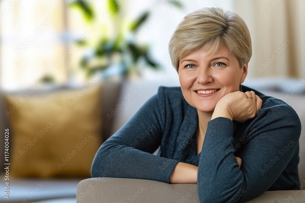 Happy middle aged woman relaxing at home on a cozy sofa in a modern living room Happy middle aged woman relaxing at home on a cozy sofa in a modern living room