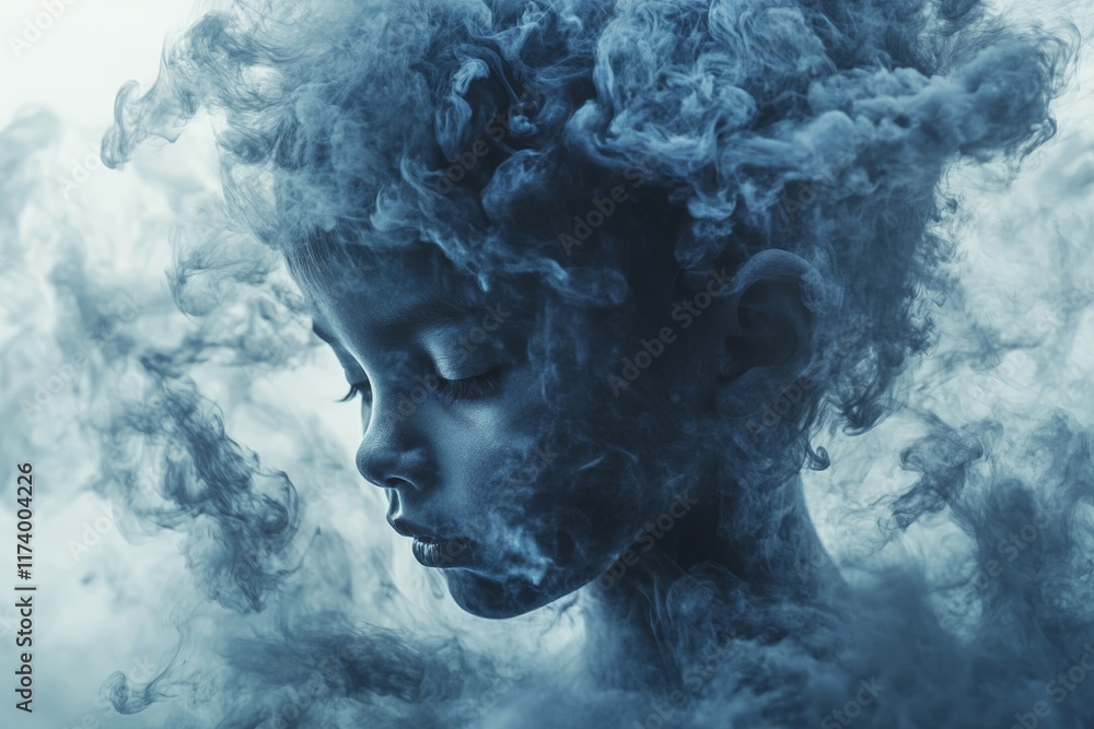 Portrait of a child with swirling blue smoke creating an ethereal atmosphere in a calm setting Portrait of a child with swirling blue smoke creating an ethereal atmosphere in a calm setting