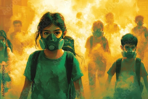 Children wearing gas masks walk through a smoky atmosphere in a dystopian setting highlighting environmental issues photo