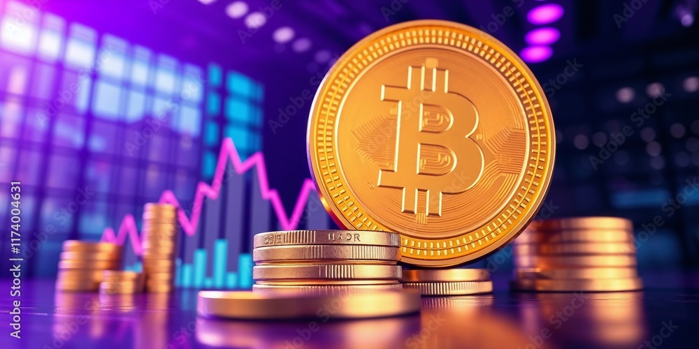 Stacked Bitcoin Coins with Market Chart in Background, Financial Concept Stacked Bitcoin Coins with Market Chart in Background, Financial Concept