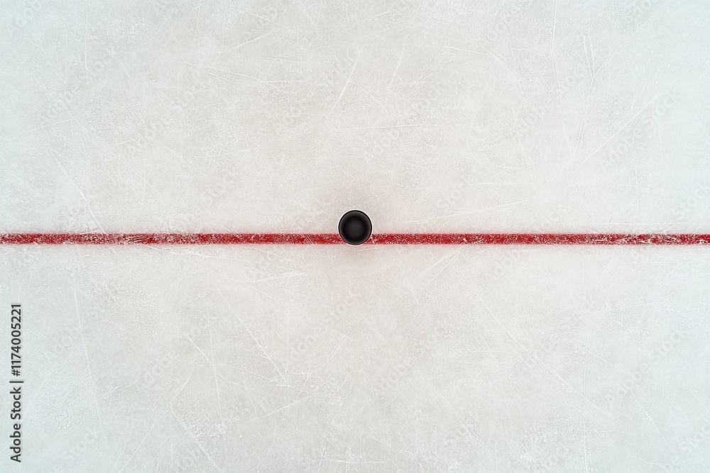 Puck lying on the red line that splits the play space and the net zone on a large ice rink Puck lying on the red line that splits the play space and the net zone on a large ice rink