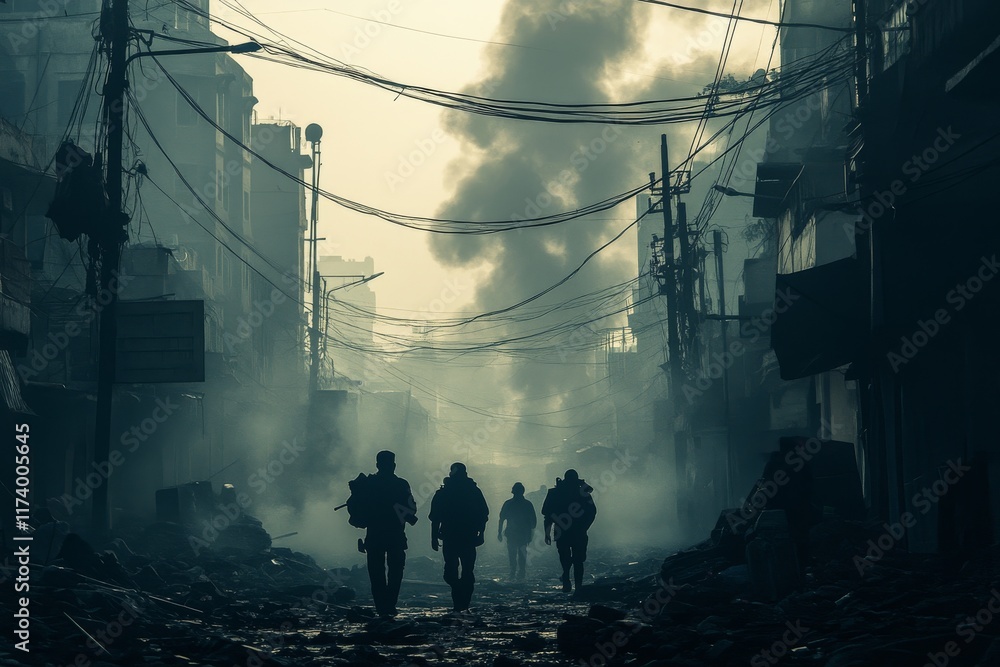 Fototapeta premium Soldiers navigate through a smoky urban area after a battle, highlighting destruction and resilience in a conflict zone