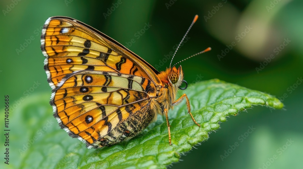 Close up of a butterfly on a green leaf Close up of a butterfly on a green leaf