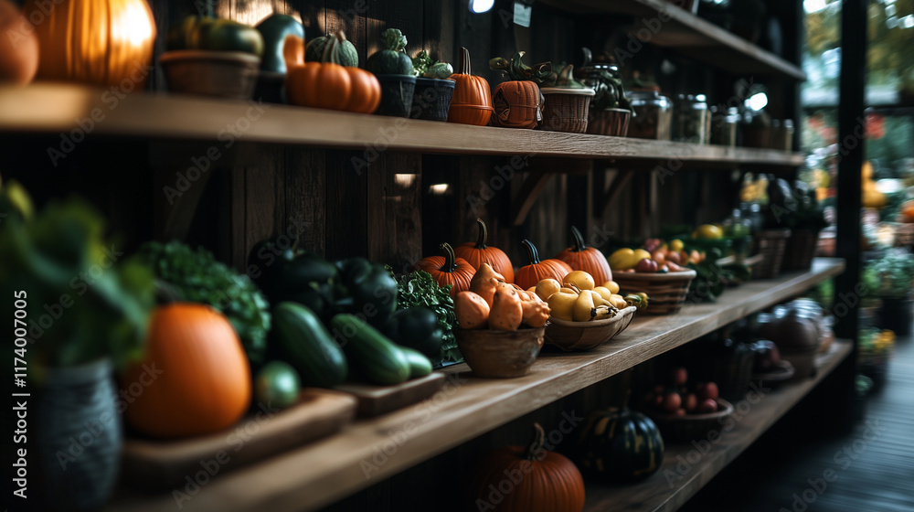 A vibrant display of seasonal fruits and vegetables on wooden shelves, including pumpkins, cucumbers, and sweet potatoes. A vibrant display of seasonal fruits and vegetables on wooden shelves, including pumpkins, cucumbers, and sweet potatoes.
