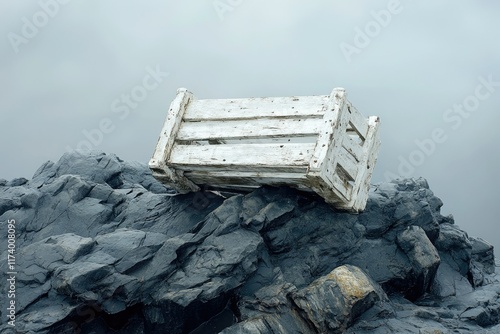 A weathered white wooden crate rests precariously on dark, rugged rocks against a misty sky. photo